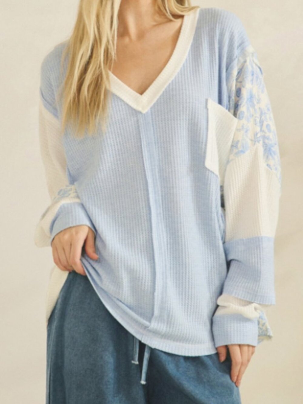 SAGE + FIG Patchwork Floral Sleeve Waffle Knit Pullover - Picture 1 of 2